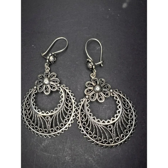 Turkish sterling filigree disc dangle drop hook earrings 9.58 grams. - Picture 2 of 11
